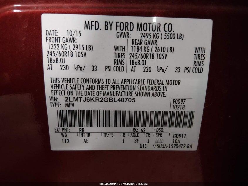 2016 Lincoln Mkx Select VIN: 2LMTJ6KR2GBL40705 Lot: 45591918