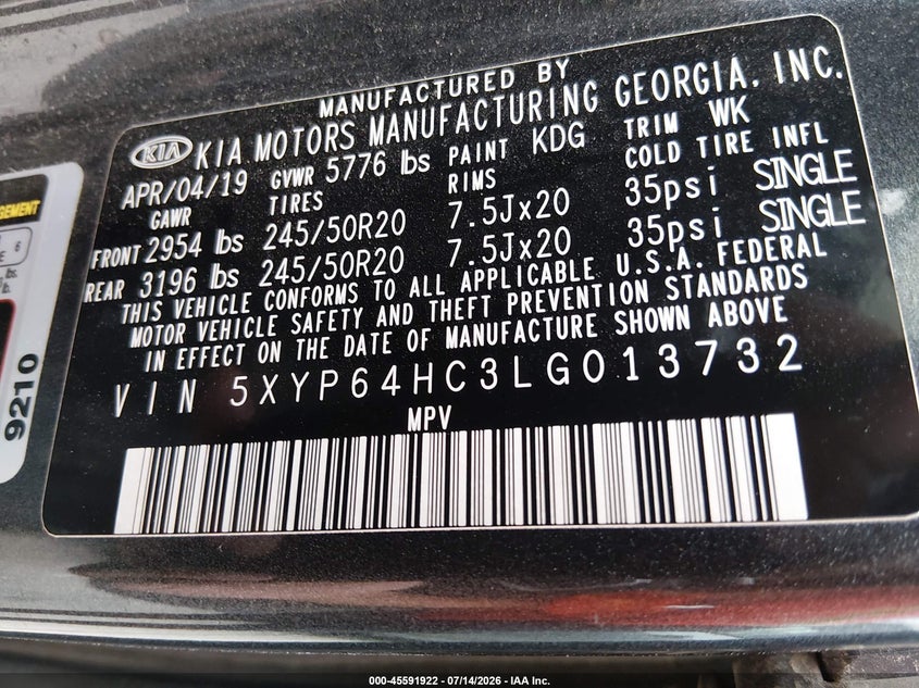 2020 Kia Telluride S VIN: 5XYP64HC3LG013732 Lot: 45591922