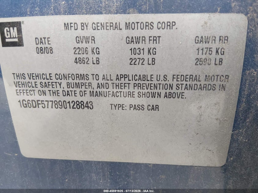 2009 Cadillac Cts Rwd W/1Sa VIN: 1G6DF577890128843 Lot: 45591925
