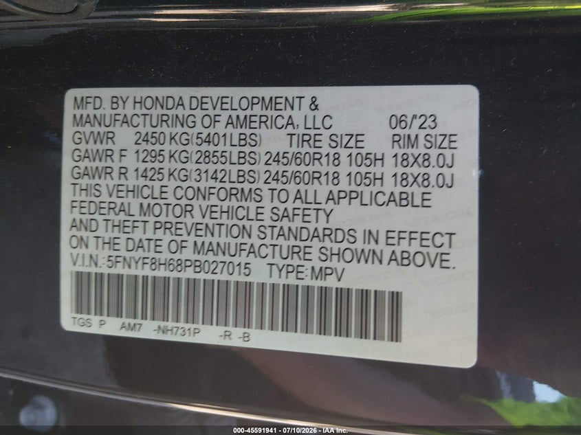 2023 Honda Passport Awd Trailsport VIN: 5FNYF8H68PB027015 Lot: 45591941