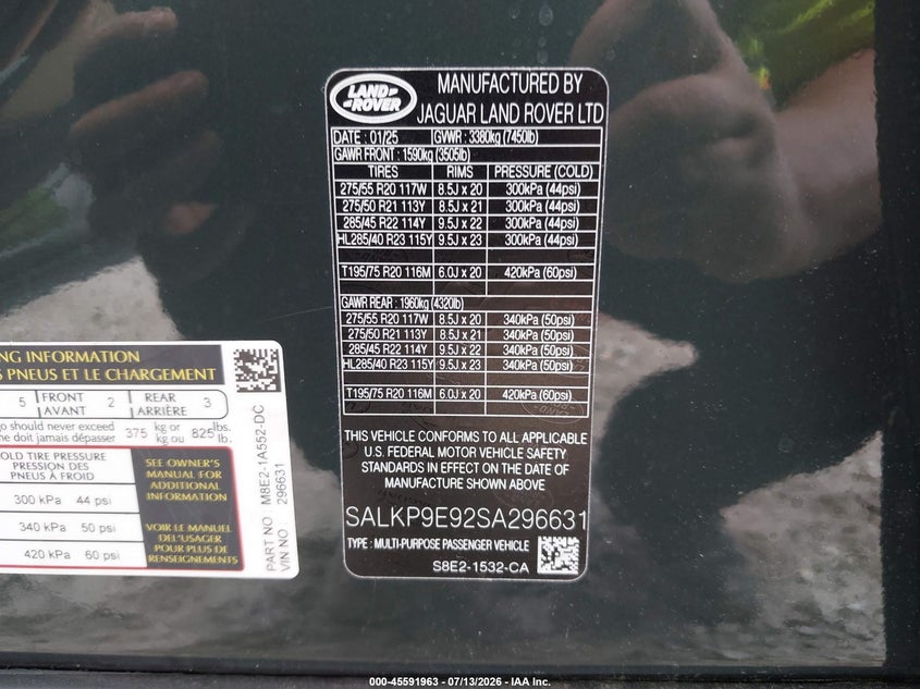 2025 Land Rover Range Rover P530 Se VIN: SALKP9E92SA296631 Lot: 45591963