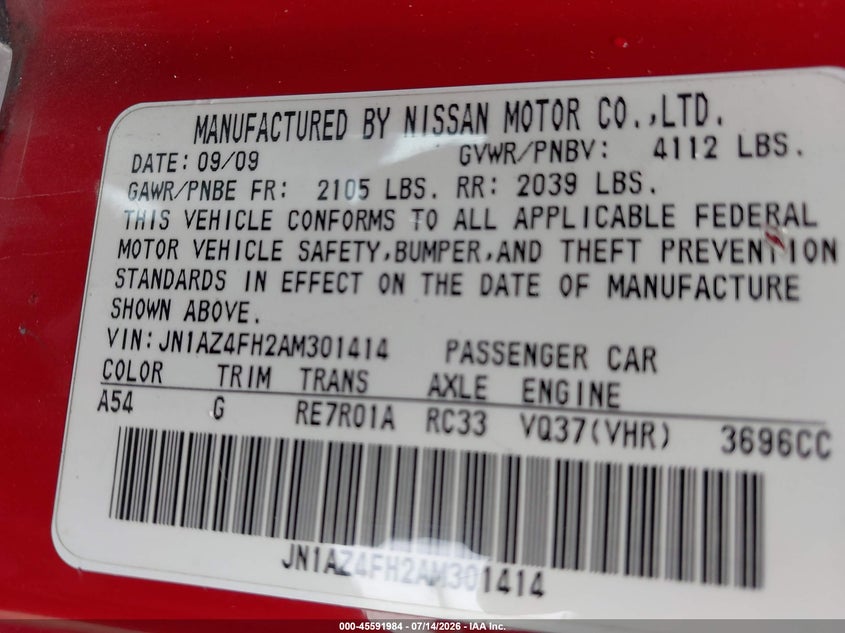 2010 Nissan 370Z Touring VIN: JN1AZ4FH2AM301414 Lot: 45591984