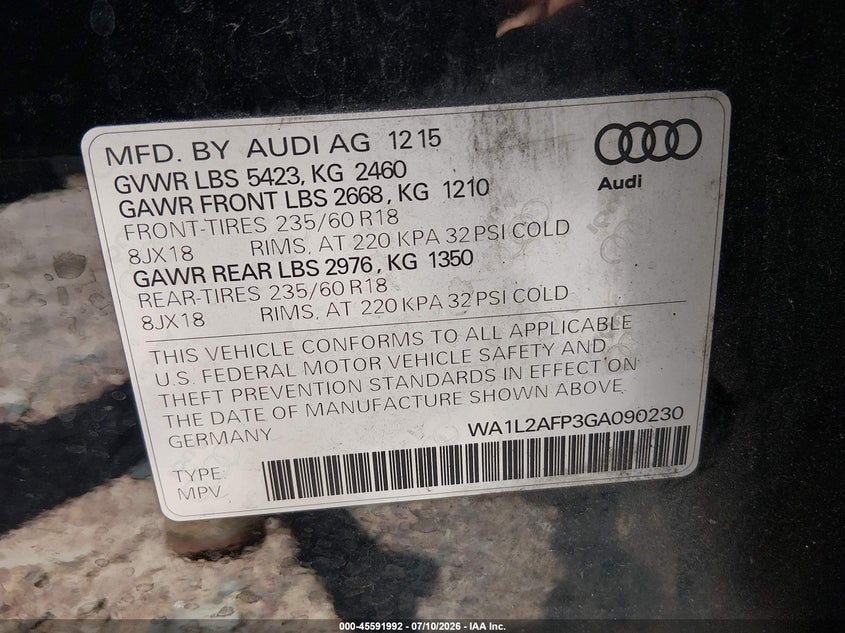 2016 Audi Q5 2.0T Premium VIN: WA1L2AFP3GA090230 Lot: 45591992