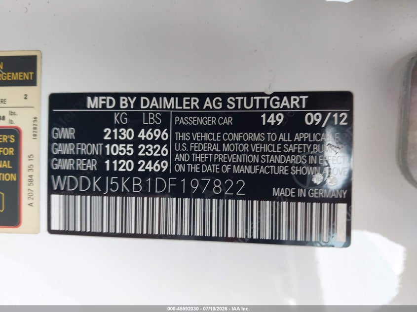 2013 Mercedes-Benz E 350 VIN: WDDKJ5KB1DF197822 Lot: 45592030