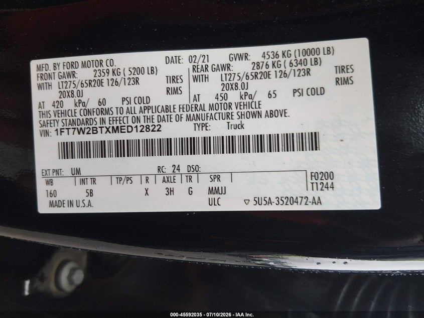 2021 Ford F-250 Lariat VIN: 1FT7W2BTXMED12822 Lot: 45592035