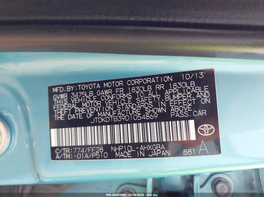 2013 Toyota Prius C Three VIN: JTDKDTB39D1054869 Lot: 45592066