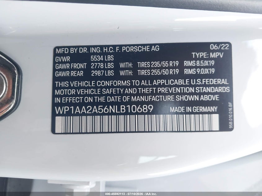2022 Porsche Macan VIN: WP1AA2A56NLB10689 Lot: 45592113