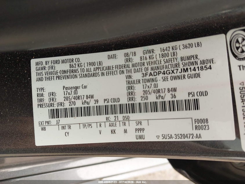 2018 Ford Fiesta St VIN: 3FADP4GX7JM141854 Lot: 45592123