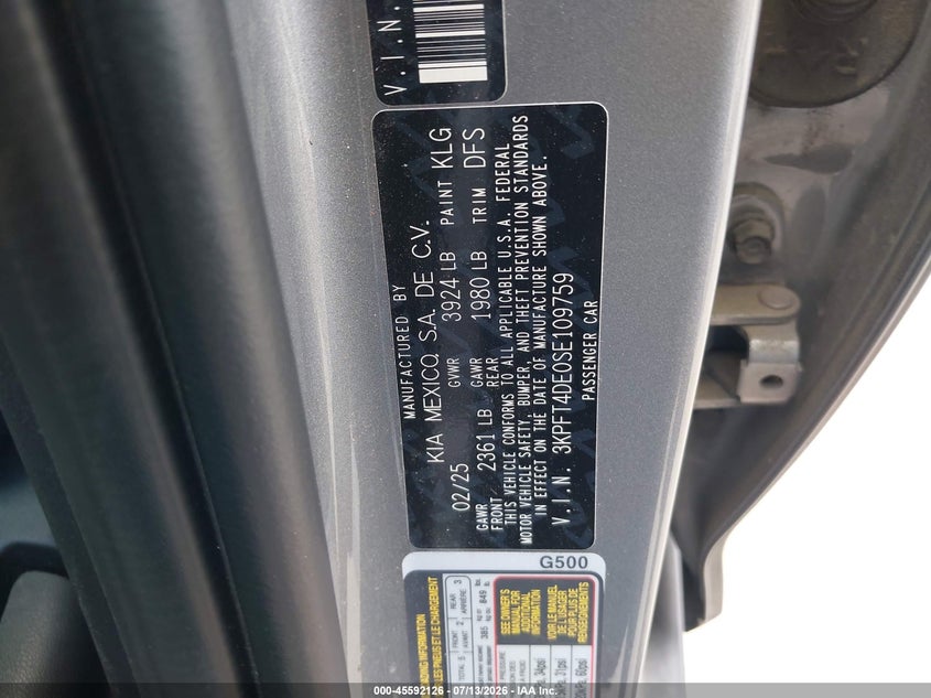 2025 Kia K4 Lxs VIN: 3KPFT4DE0SE109759 Lot: 45592126