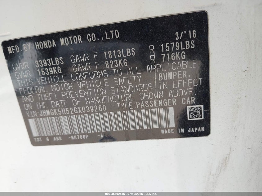 2016 Honda Fit Lx VIN: JHMGK5H52GX039260 Lot: 45592136