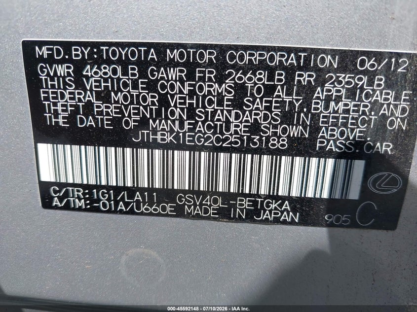 2012 Lexus Es 350 VIN: JTHBK1EG2C2513188 Lot: 45592148