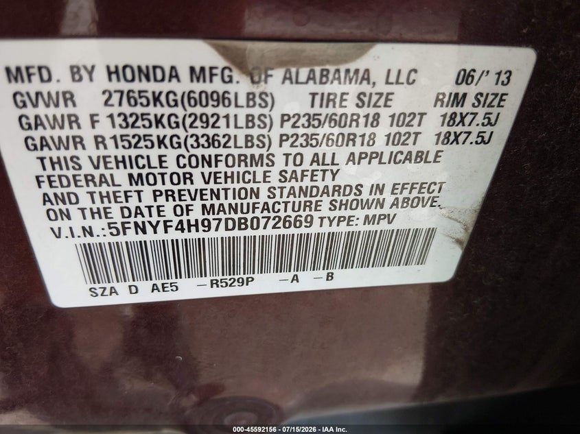 2013 HONDA PILOT SPORT UTILITY VEHICLE 3.5L V-6 VVT, 250HP