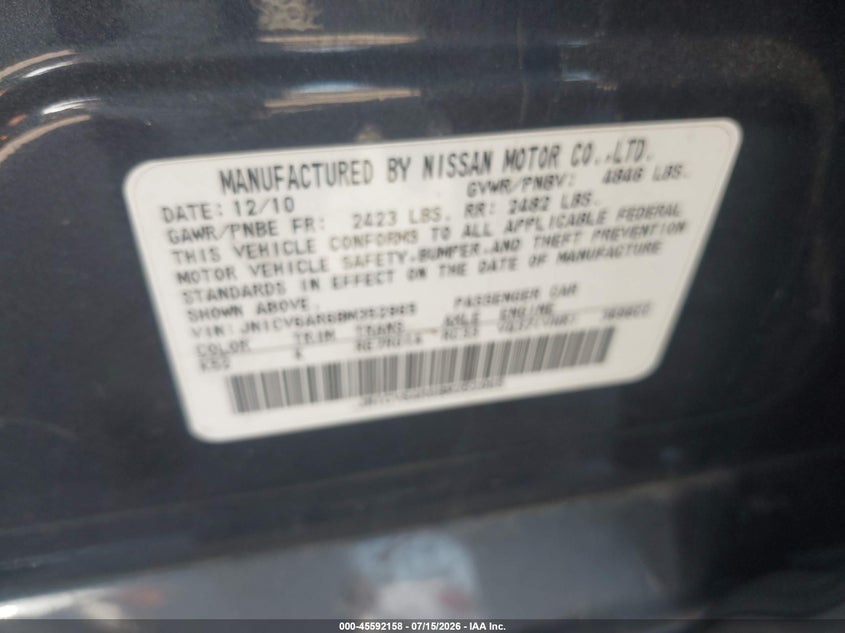 2011 Infiniti G37X VIN: JN1CV6AR6BM352965 Lot: 45592158