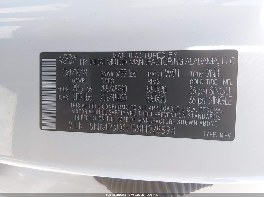 2025 Hyundai Santa Fe Hybrid Limited VIN: 5NMP3DG15SH028598 Lot: 45592224