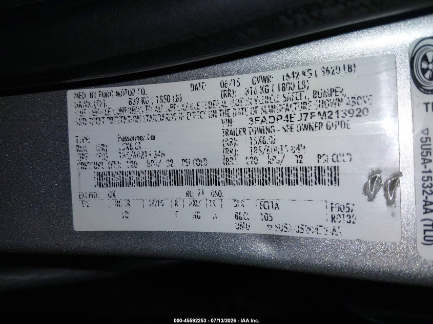 2015 Ford Fiesta Se VIN: 3FADP4EJ7FM213920 Lot: 45592253