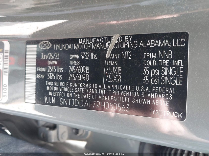 2024 Hyundai Santa Cruz Xrt VIN: 5NTJDDAF7RH080563 Lot: 45592315