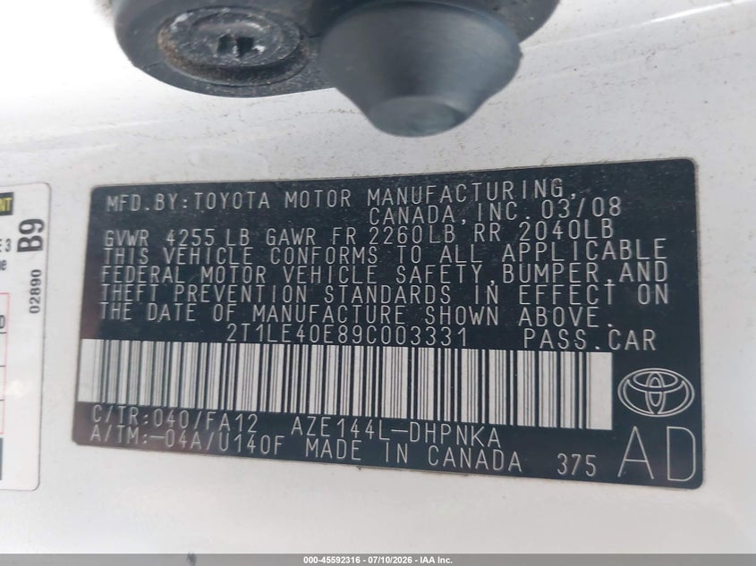 2009 Toyota Matrix S VIN: 2T1LE40E89C003331 Lot: 45592316