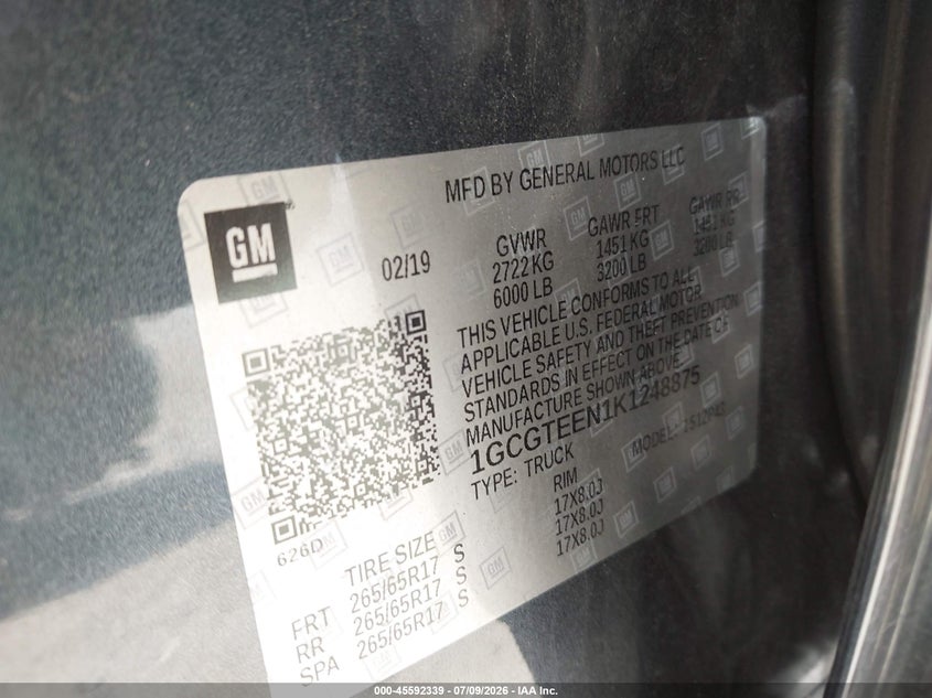 CHEVROLET COLORADO 2019 VIN 1GCGTEEN1K1248875