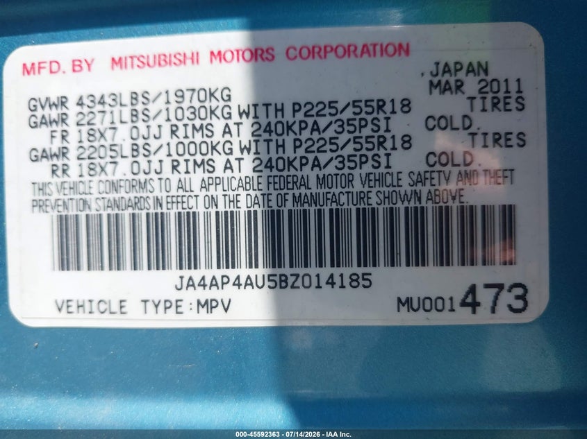 2011 MITSUBISHI OUTLANDER SPORT UTILITY VEHICLE 2.0L I-4 DOHC, VVT, 148HP