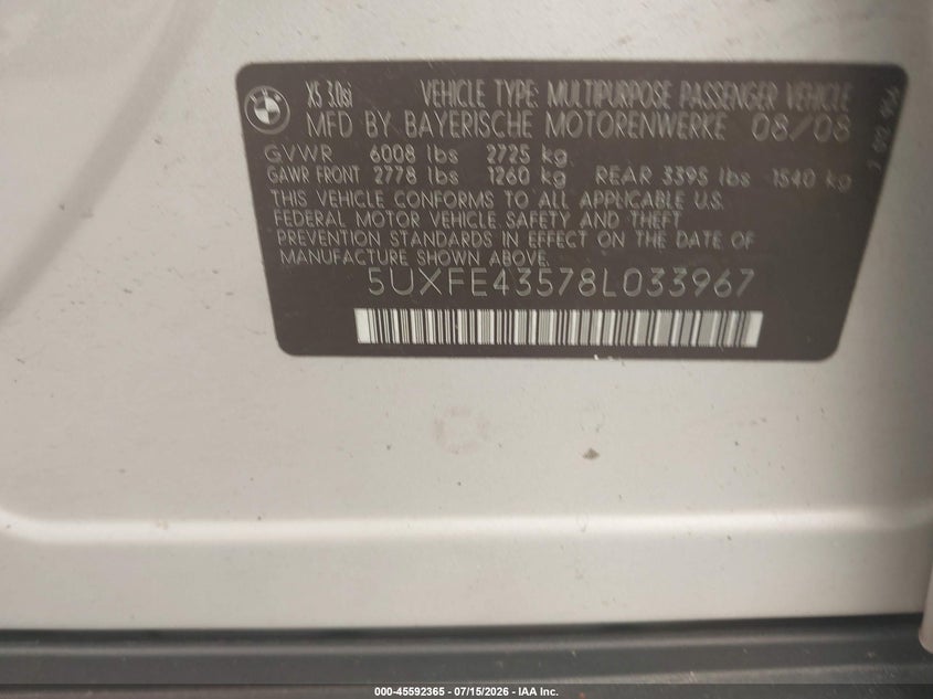 2008 BMW X5 SPORT UTILITY VEHICLE 3.0L I-6 DOHC, VVT, 260HP