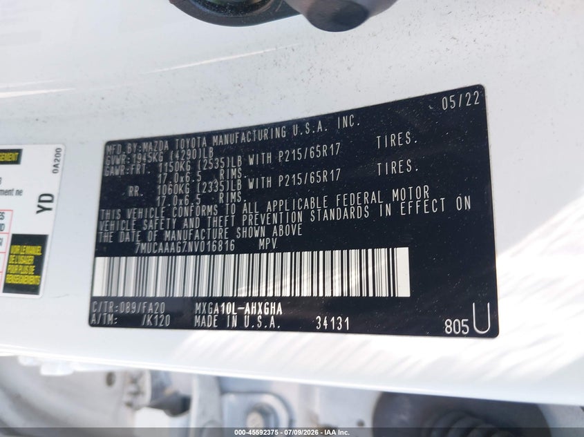 2022 Toyota Corolla Cross Le VIN: 7MUCAAAG7NV016816 Lot: 45592375