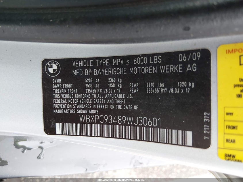 BMW X3 2009 VIN WBXPC93489WJ30601