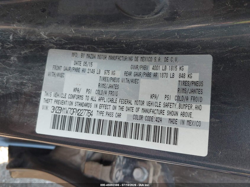 MAZDA MAZDA3 2015 VIN 3MZBM1W70FM227764
