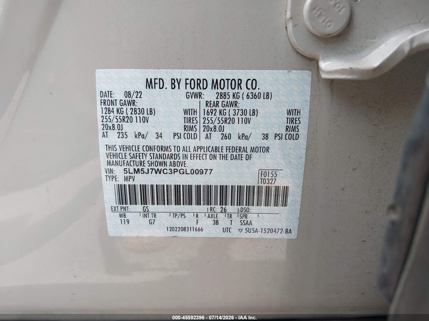 2023 Lincoln Aviator Reserve VIN: 5LM5J7WC3PGL00977 Lot: 45592396
