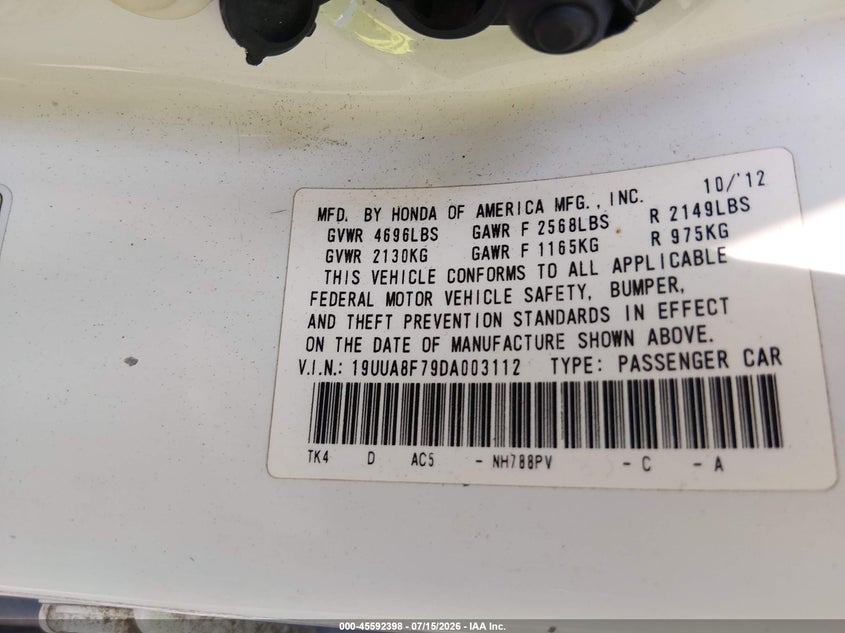 2013 Acura Tl 3.5 VIN: 19UUA8F79DA003112 Lot: 45592398