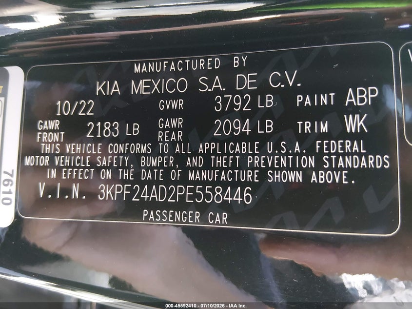 KIA FORTE 2023 VIN 3KPF24AD2PE558446