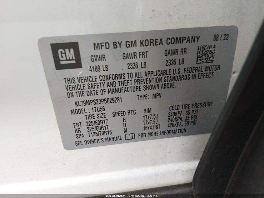 2023 Chevrolet Trailblazer Fwd Lt VIN: KL79MPS23PB029281 Lot: 45592421