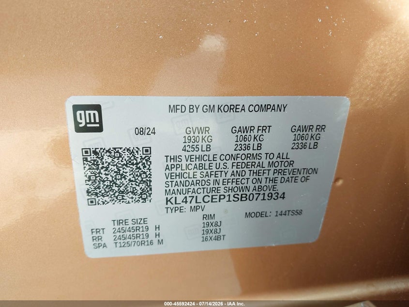 2025 Buick Envista Avenir Fwd VIN: KL47LCEP1SB071934 Lot: 45592424