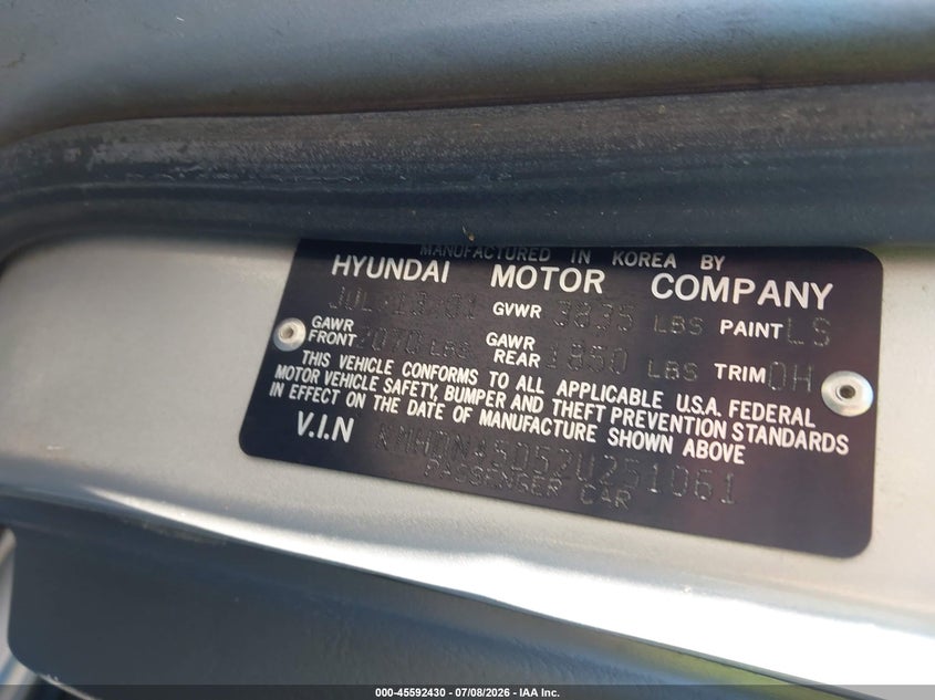 2002 Hyundai Elantra Gls VIN: KMHDN45D52U251061 Lot: 45592430