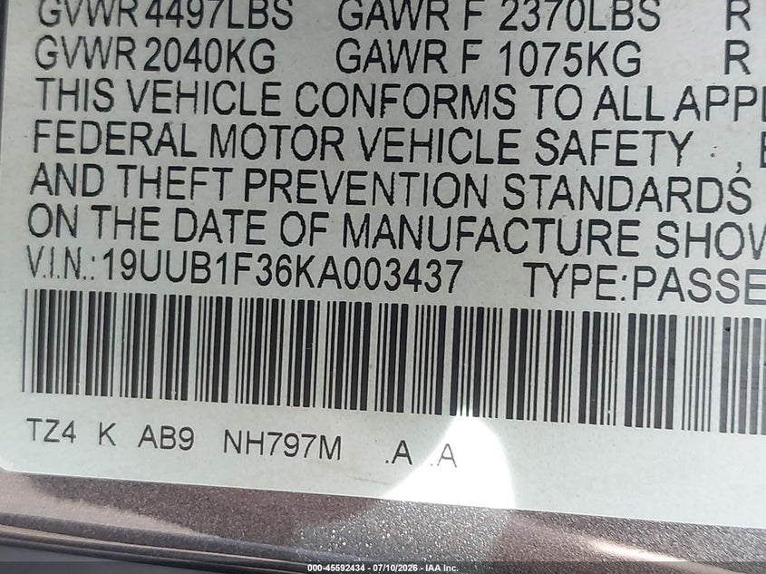 2019 Acura Tlx Standard VIN: 19UUB1F36KA003437 Lot: 45592434