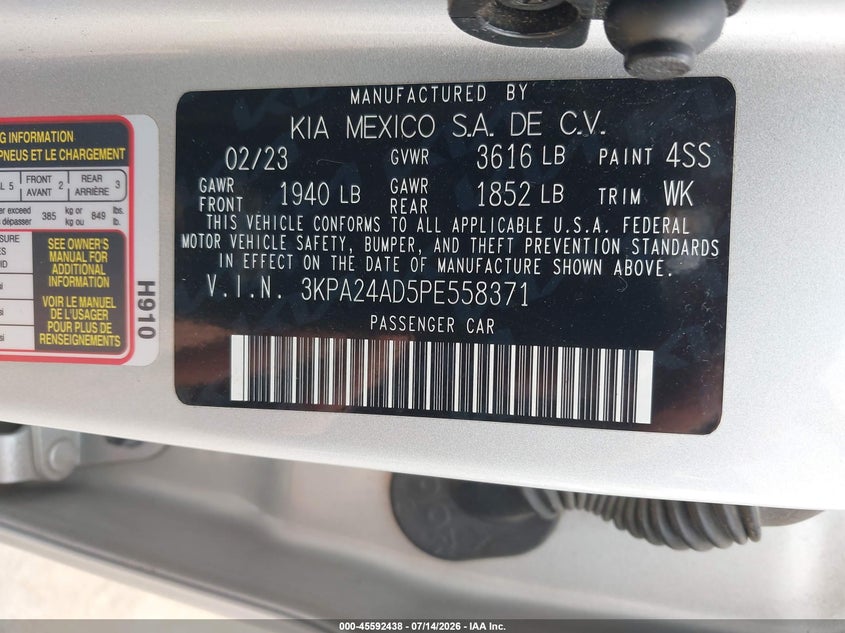 2023 Kia Rio S VIN: 3KPA24AD5PE558371 Lot: 45592438
