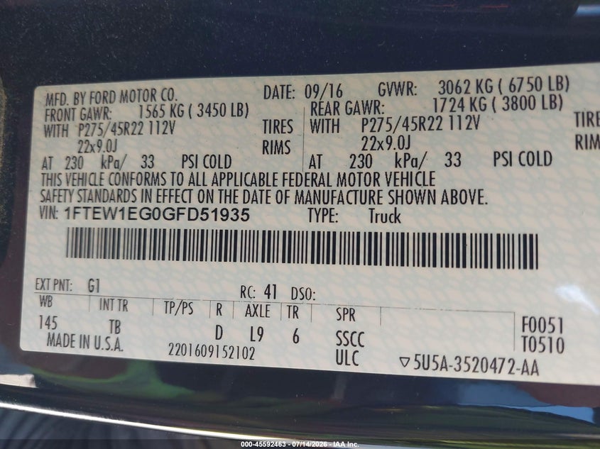 2016 FORD F-150 TRUCK 3.5L V-6 DI, DOHC, VVT, TURBO, 365HP