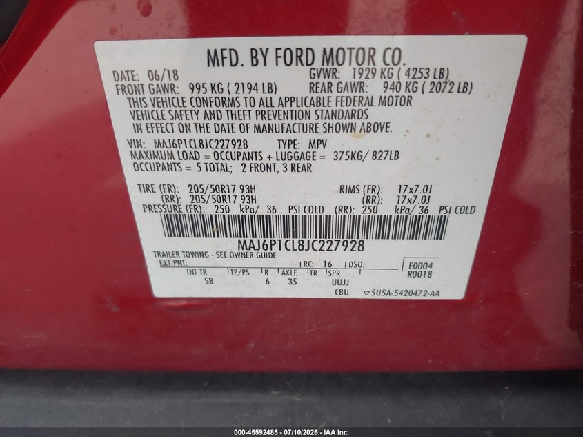 2018 Ford Ecosport Ses VIN: MAJ6P1CL8JC227928 Lot: 45592485