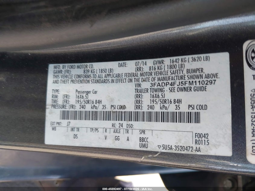 2015 Ford Fiesta Titanium VIN: 3FADP4FJ5FM110297 Lot: 45592497