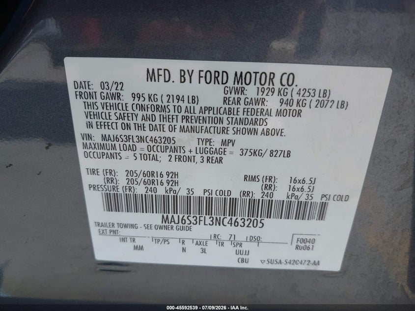2022 Ford Ecosport S VIN: MAJ6S3FL3NC463205 Lot: 45592539