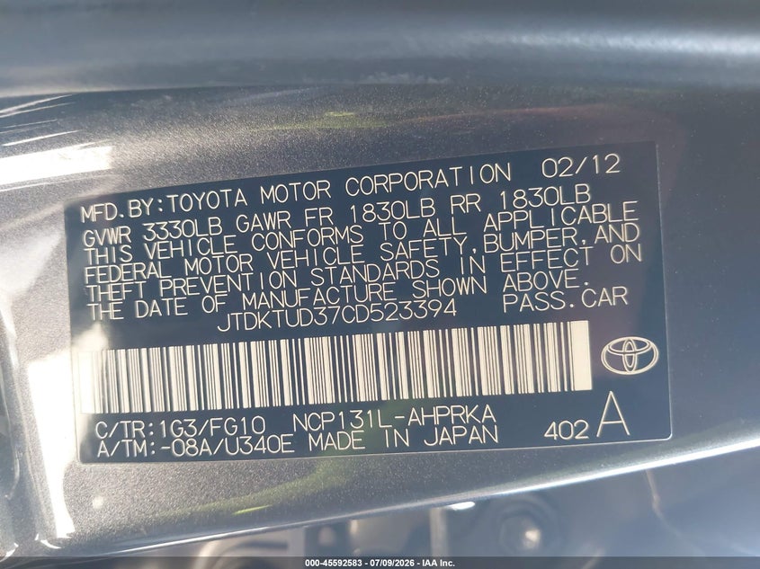 2012 Toyota Yaris Le VIN: JTDKTUD37CD523394 Lot: 45592583