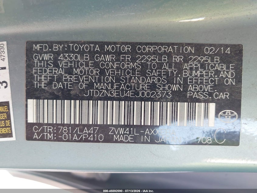 TOYOTA PRIUS V 2014 VIN JTDZN3EU4EJ002373