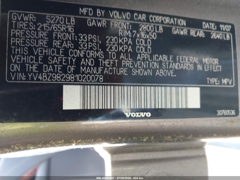 2008 Volvo Xc70 3.2 VIN: YV4BZ982981020078 Lot: 45592607