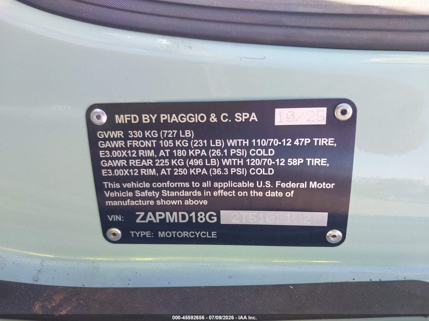 2026 Vespa Primavera/Sprint 150 VIN: ZAPMD18G2T5102192 Lot: 45592656