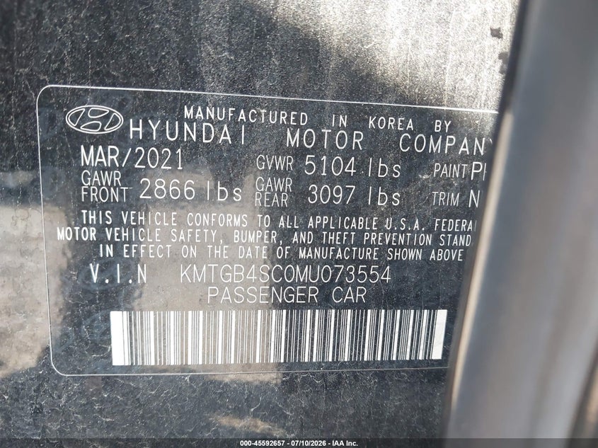2021 Genesis G80 2.5T Rwd VIN: KMTGB4SC0MU073554 Lot: 45592657
