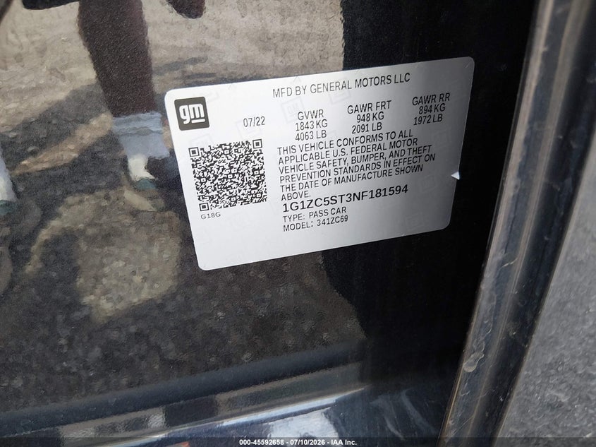 CHEVROLET MALIBU 2022 VIN 1G1ZC5ST3NF181594