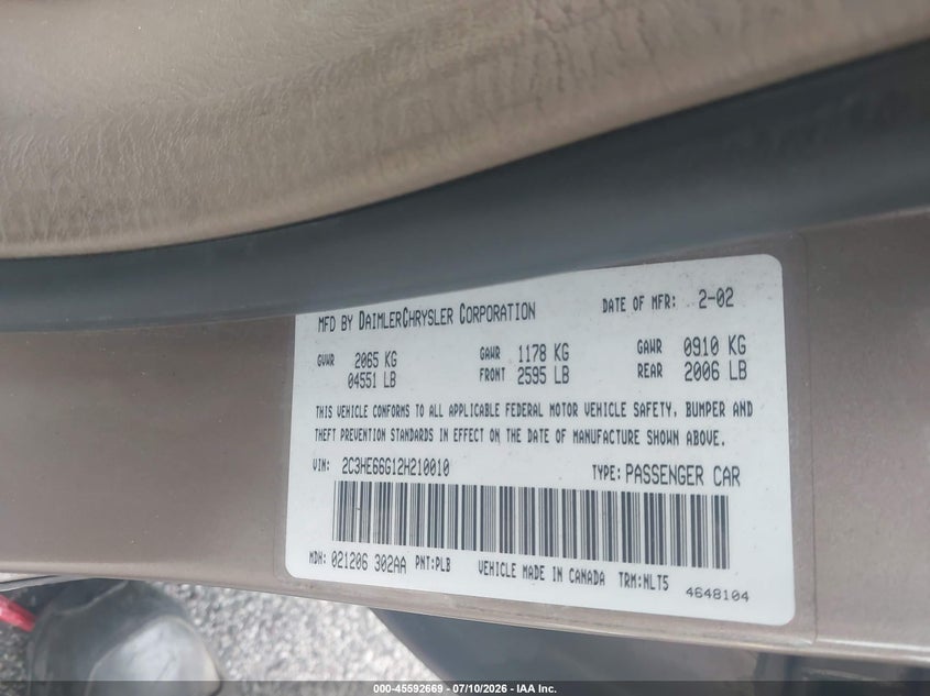 2002 Chrysler 300M VIN: 2C3HE66G12H210010 Lot: 45592669