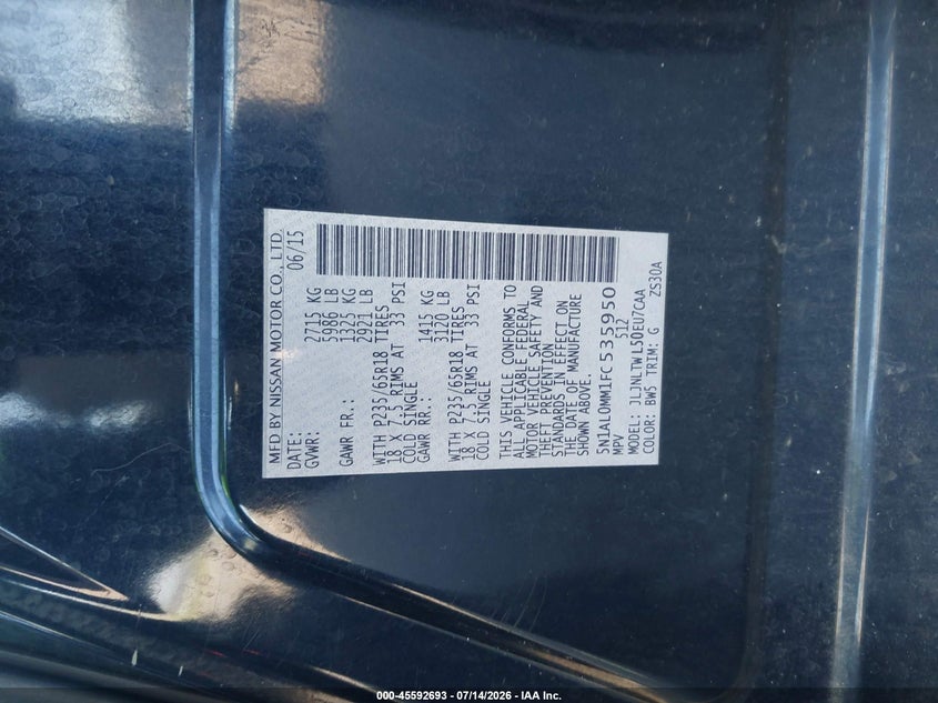 2015 Infiniti Qx60 VIN: 5N1AL0MM1FC535950 Lot: 45592693