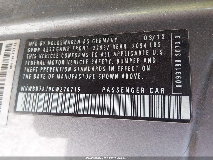 2012 Volkswagen Golf 2.5L 2-Door VIN: WVWBB7AJ9CW276715 Lot: 45592694