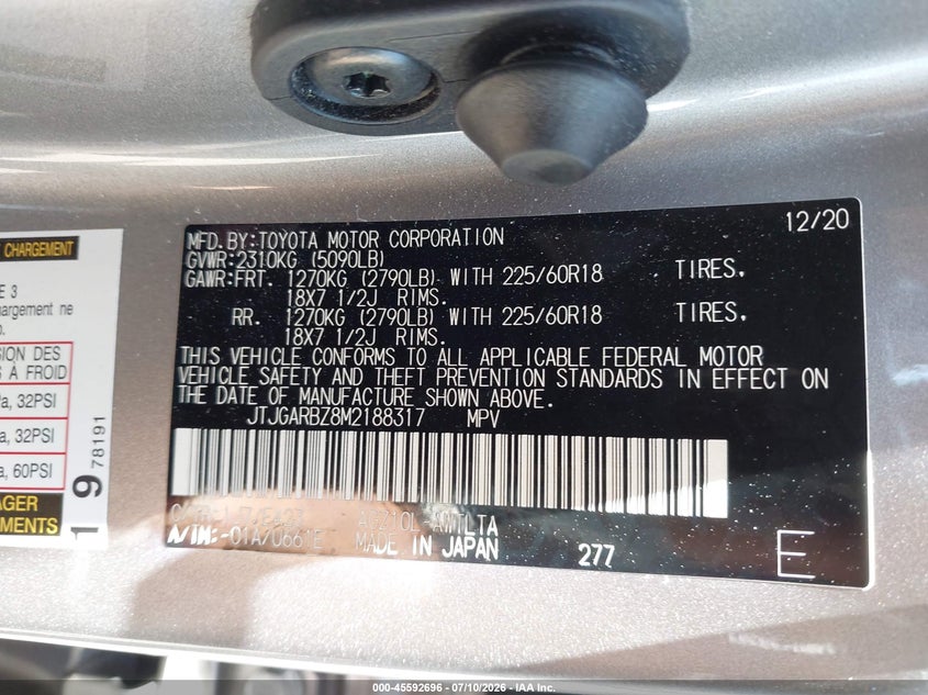 2021 Lexus Nx 300 VIN: JTJGARBZ8M2188317 Lot: 45592696