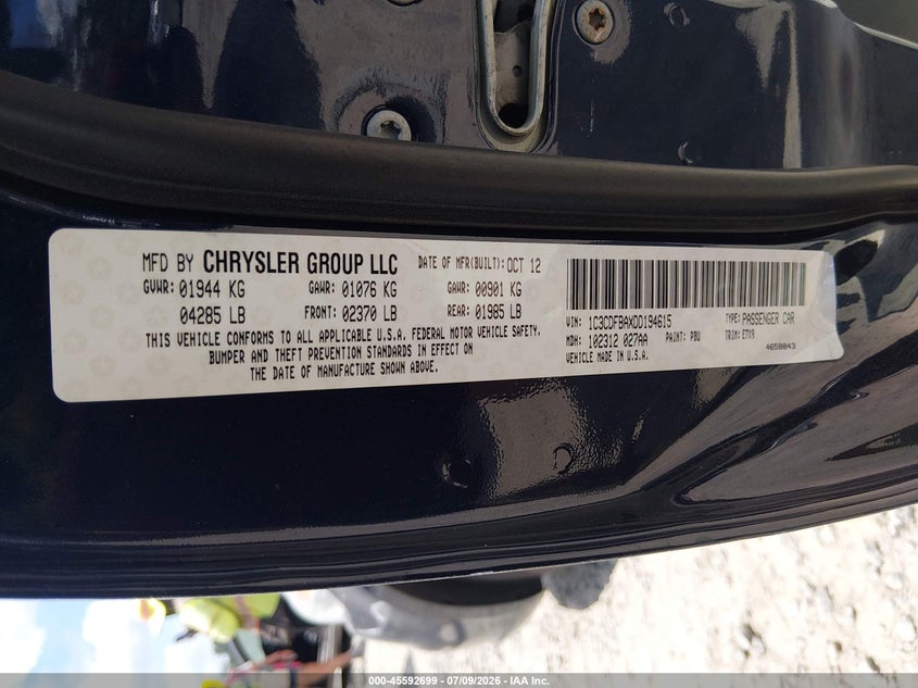 2013 Dodge Dart Sxt VIN: 1C3CDFBAXDD194615 Lot: 45592699